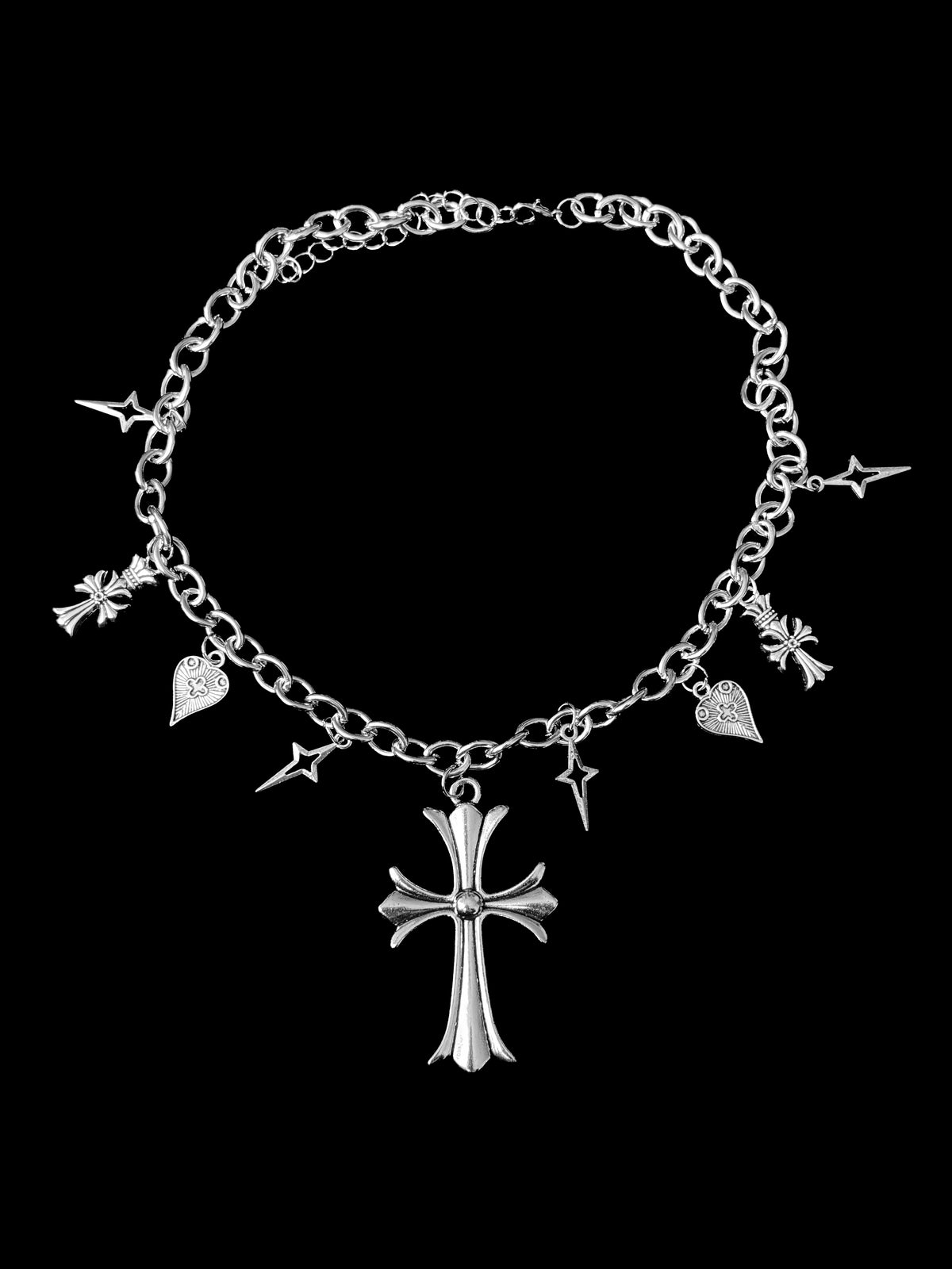 Chrome Cross & Hearts Charm Necklace