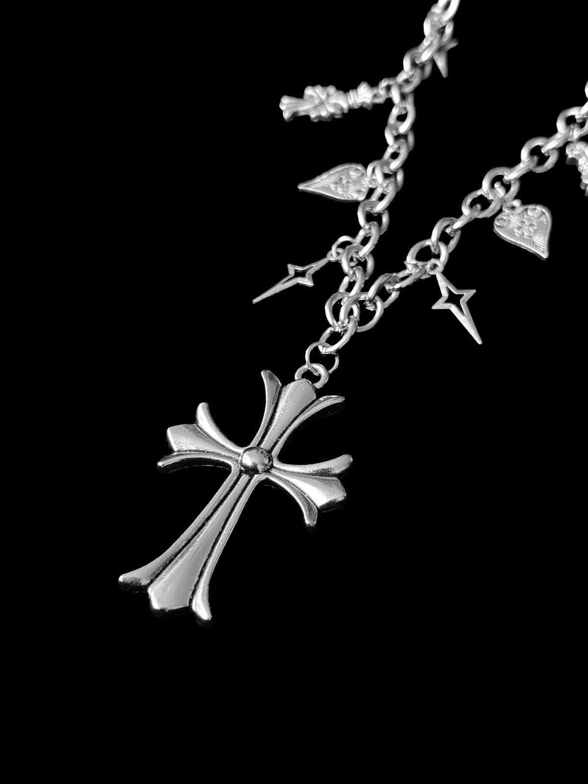 Chrome Cross & Hearts Charm Necklace