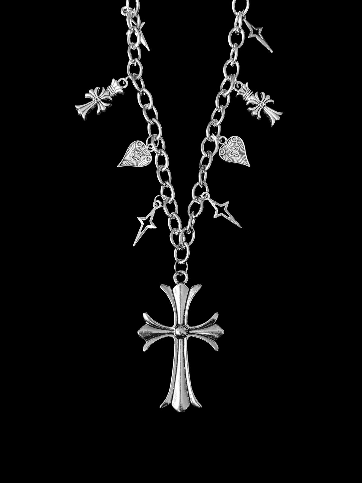 Chrome Cross & Hearts Charm Necklace