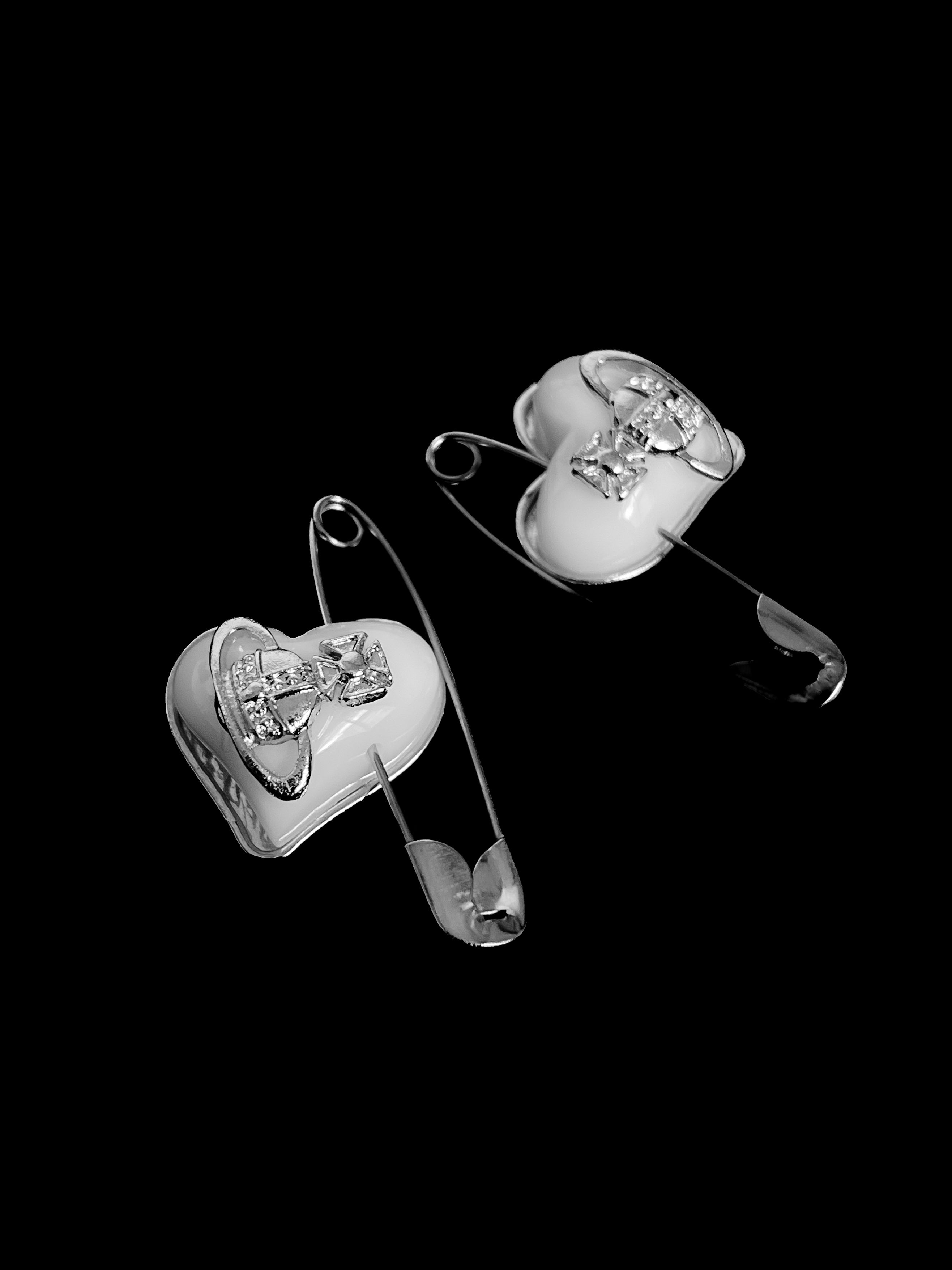 White Enamel Heart Safety Pin Earrings
